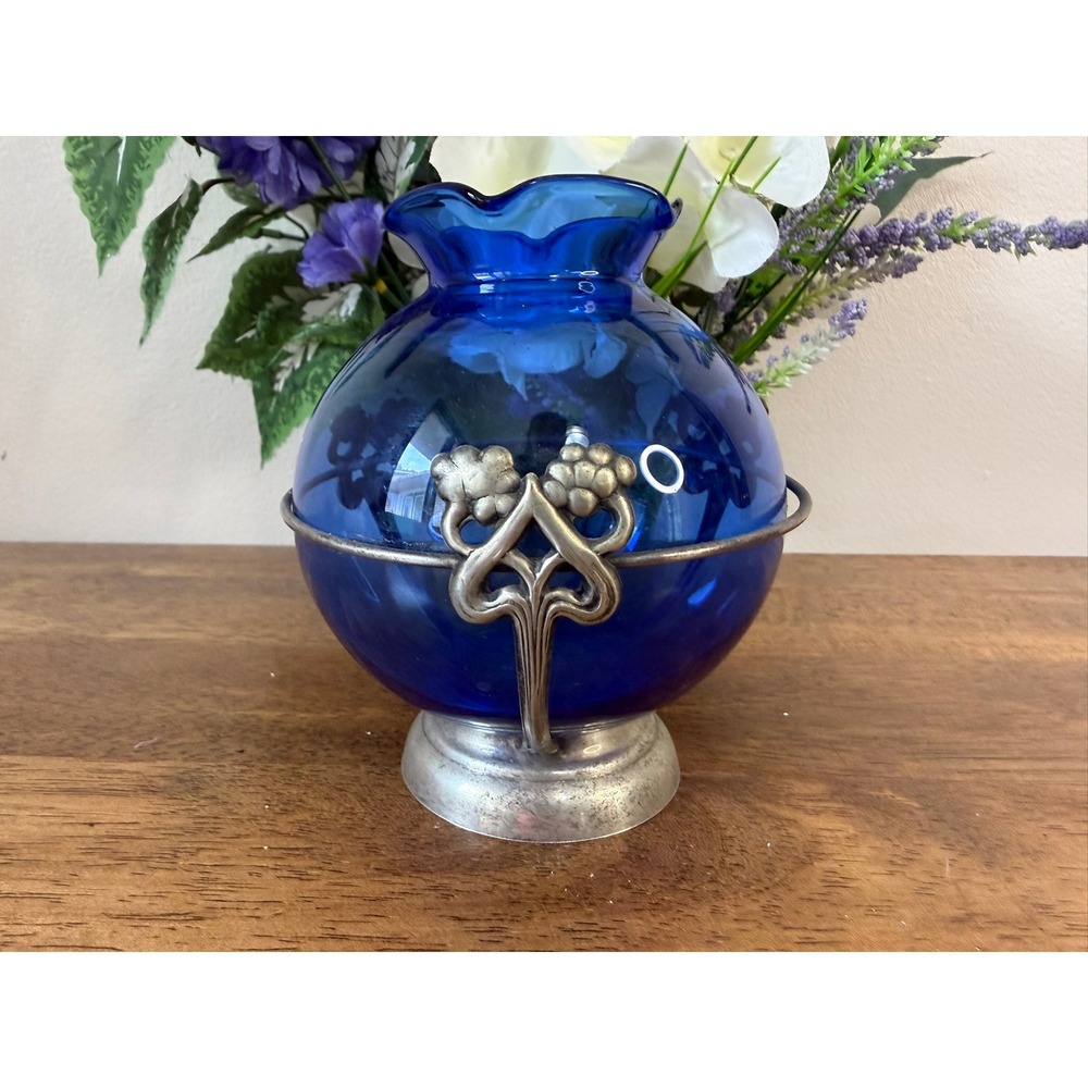 Vintage Essay Canada Cobalt Blue Glass Vase Silverplate EP Copper Art Nouveau